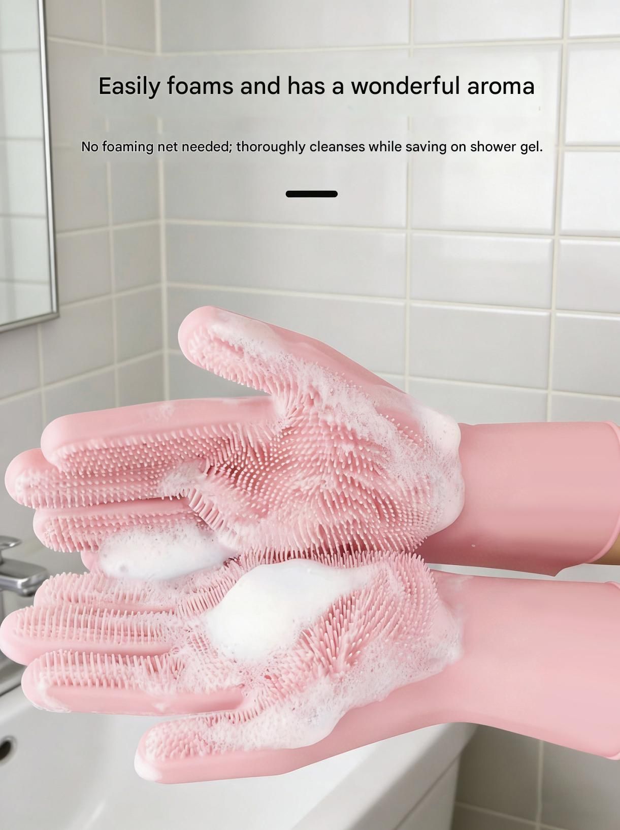Grey Silicone Pet Bathing Gloves - Pink Double-Sided Design for Cats and Dogs - Gentle Massage, Easy Lather, Durable and Waterproof, Ideal for Pet Grooming and Home Use