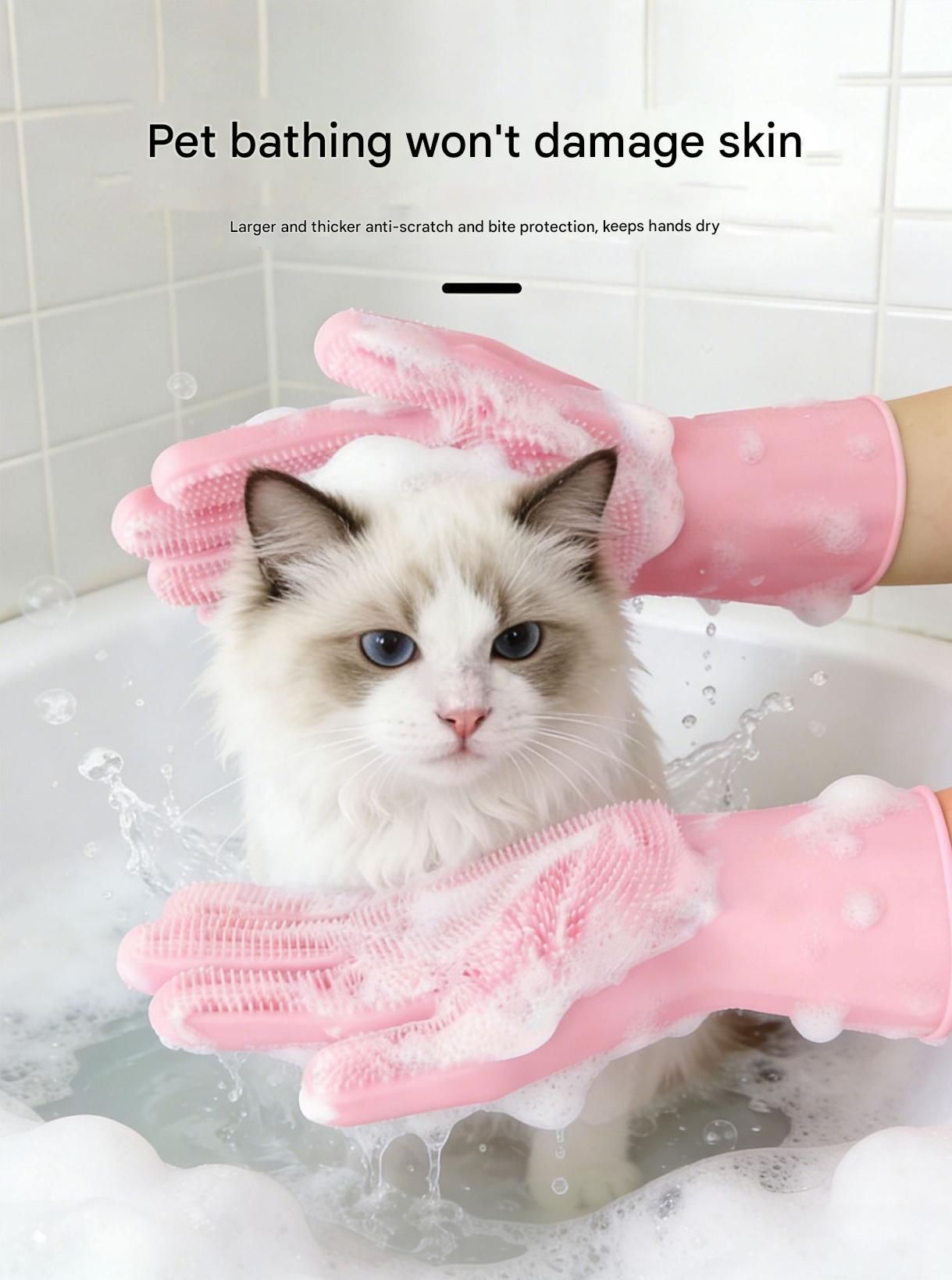 Blue Silicone Pet Bathing Gloves - Pink Double-Sided Design for Cats and Dogs - Gentle Massage, Easy Lather, Durable and Waterproof, Ideal for Pet Grooming and Home Use