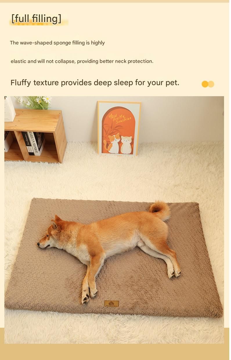 Pink L size Pet Dog Bed Mat - Plush Short Fur Cover with Wave Foam Padding - Washable Removable Cover, Non-Slip Base, Warm Winter Cushion for Dogs and Cats, Multiple Sizes