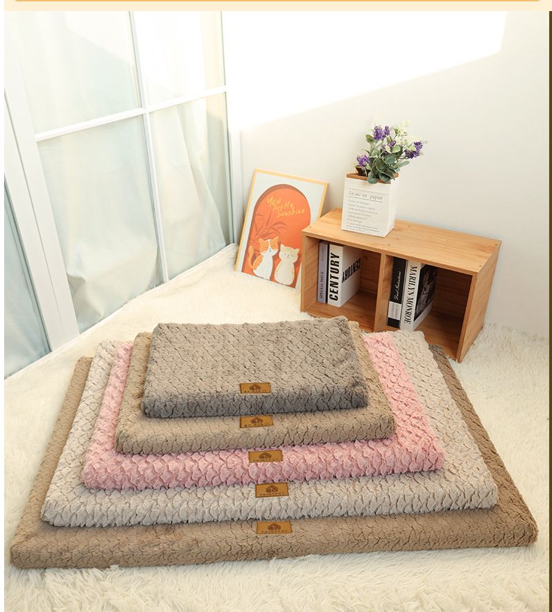 Grey M size Pet Dog Bed Mat - Plush Short Fur Cover with Wave Foam Padding - Washable Removable Cover, Non-Slip Base, Warm Winter Cushion for Dogs and Cats, Multiple Sizes