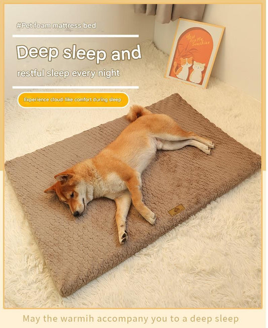 Coffee M size Pet Dog Bed Mat - Plush Short Fur Cover with Wave Foam Padding - Washable Removable Cover, Non-Slip Base, Warm Winter Cushion for Dogs and Cats, Multiple Sizes