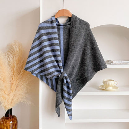Blue and Red Color blocking Striped Women's  Triangle Shawl Cape - Soft Knit Faux Cashmere Poncho Wrap, Lightweight Warm Pullover for Office Travel & Daily Wear