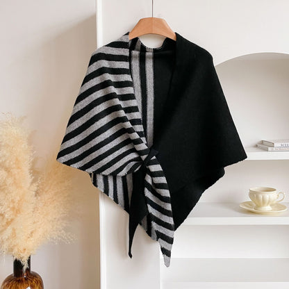 Blue and Grey Color blocking Striped Women's  Triangle Shawl Cape - Soft Knit Faux Cashmere Poncho Wrap, Lightweight Warm Pullover for Office Travel & Daily Wear