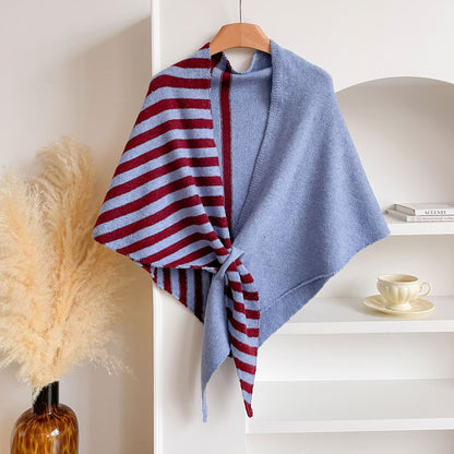 Blue and Grey Color blocking Striped Women's  Triangle Shawl Cape - Soft Knit Faux Cashmere Poncho Wrap, Lightweight Warm Pullover for Office Travel & Daily Wear