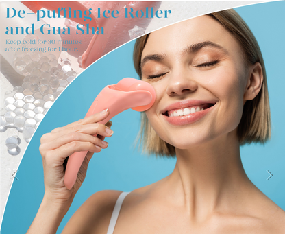 2-piece Green Face Ice Roller with Gel Cooling Head and Gua Sha Board- Reusable PP and Gel Cold Massage Tool for De-Puffing, Soothing, and Refreshing Skin, Easy to Freeze, Comfortable Grip, Daily Skincare Essential