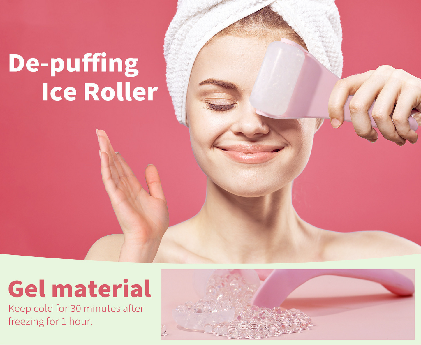 Green Face Ice Roller with Gel Cooling Head- Reusable PP and Gel Cold Massage Tool for De-Puffing, Soothing, and Refreshing Skin, Easy to Freeze, Comfortable Grip, Daily Skincare Essential